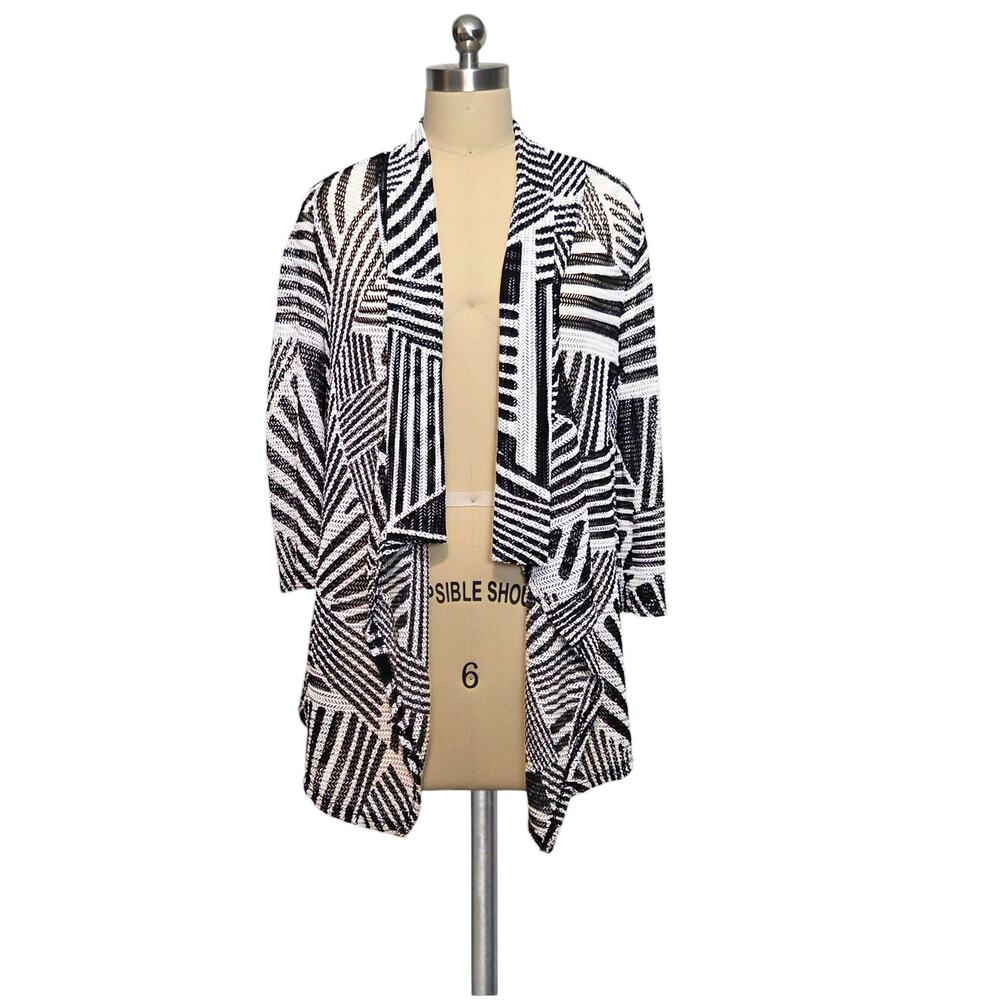 PERSEPTION Concept Black White Print Mesh Stretchy Cardigan Top S